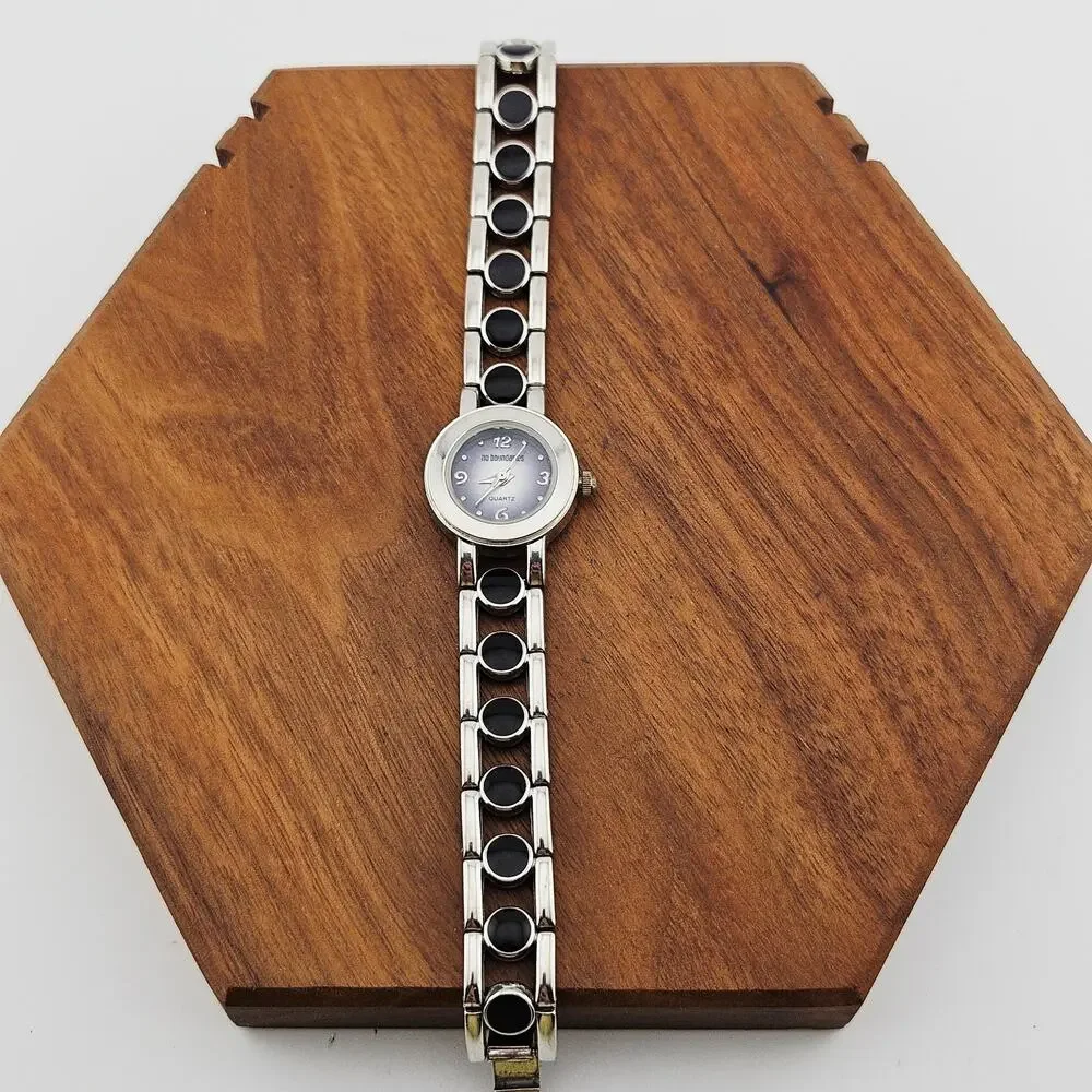 No Boundaries Women's Silver Tone Dressy Bracelet Watch Black Accent Link Band